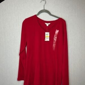 Charter club vneck long sleeve lace trim pj Top red small